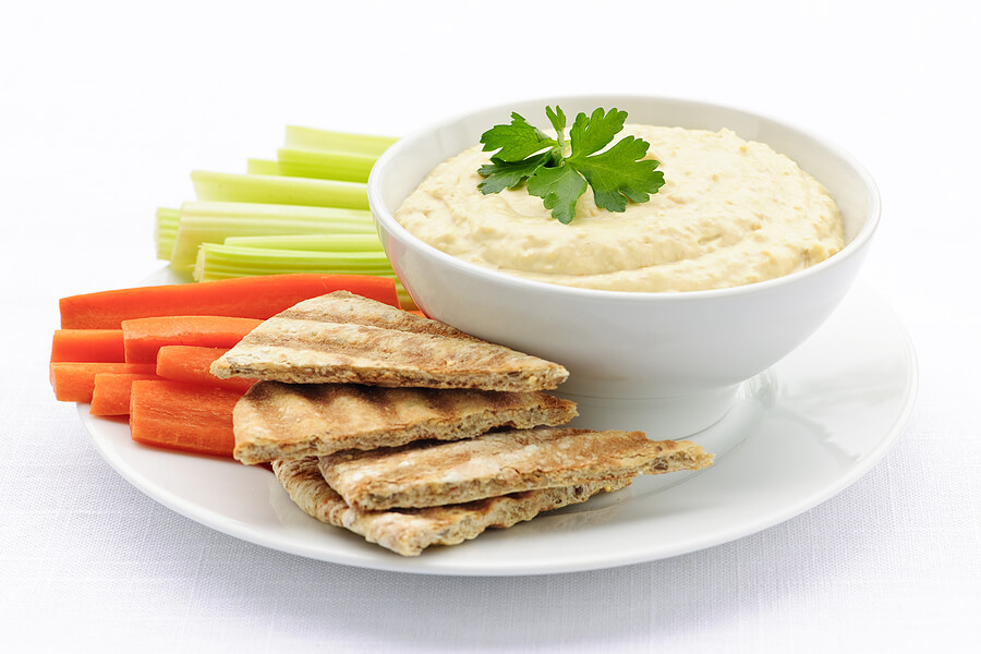 Nut-free lunch ideas, spread of hummus and pita and vegetables