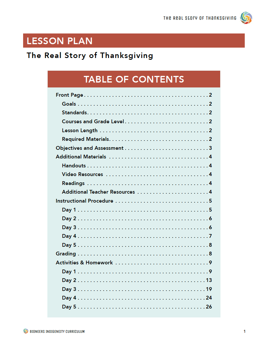 Native American Thanksgiving Activities for High School: Bioneers